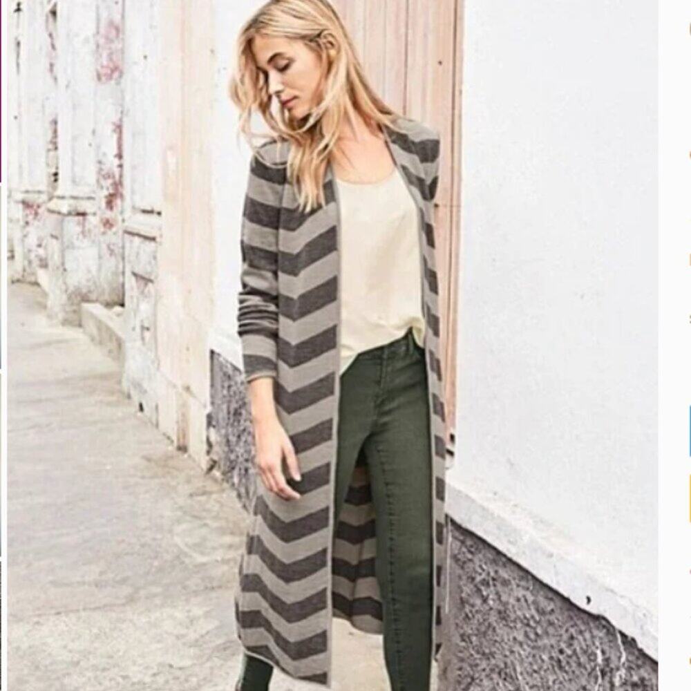 Garnet Hill Striped Brown Long Line Sweater Cardigan Duster Size XS